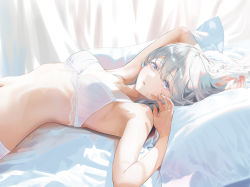 Rule 34 | 1girl, absurdres, armpits, arms up, bad id, bad pixiv id, bare arms, bare shoulders, bed sheet, bra, breasts, curtains, highres, jenmin12, long hair, looking at viewer, lying, medium breasts, navel, on back, original, parted lips, pillow, purple eyes, silver hair, solo, stomach, underwear, underwear only, white bra, white theme