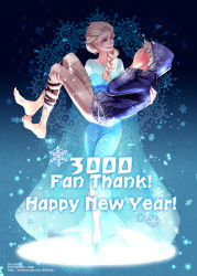 Rule 34 | 1boy, 1girl, barefoot, blush, carrying, crossover, disney, dress, elsa (frozen), frozen (disney), jack frost (rise of the guardians), princess carry, queen, rise of the guardians, role reversal, sequins, smile, snow, snowflakes, white hair
