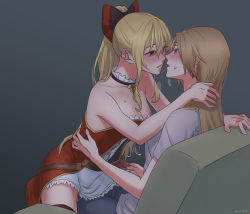 Rule 34 | 2girls, after kiss, bare arms, black bow, black legwear, blonde hair, blush, bow, brown hair, choker, collarbone, commentary request, earrings, eye contact, granblue fantasy, grey background, grey pants, grey shirt, hair bow, high ponytail, jewelry, katalina (granblue fantasy), long hair, looking at another, miniskirt, miso-ha (ukyuu), multiple girls, open mouth, pants, red bow, red eyes, saliva, saliva trail, shirt, simple background, skirt, spread legs, straight hair, strapless, sweatdrop, t-shirt, thighhighs, two-tone bow, very long hair, vira (granblue fantasy), white choker, white skirt, yuri