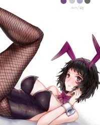 Rule 34 | 1girl, alternate costume, animal ears, artist name, bare shoulders, black eyes, black hair, black leotard, blush, bow, bowtie, breasts, brown pantyhose, cleavage, collarbone, commentary request, detached collar, fake animal ears, fishnet pantyhose, fishnets, kawakami sadayo, large breasts, leotard, looking at viewer, pantyhose, persona, persona 5, playboy bunny, purple bow, rabbit ears, short hair, signature, simple background, solo, strapless, strapless leotard, white background, wrist cuffs, yaoto