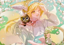 Rule 34 | 1girl, animal ear fluff, animal ears, arknights, black cat, blonde hair, blue hairband, blue skirt, cardigan, cat, chinese commentary, commentary request, fox ears, fox girl, fox tail, frilled hairband, frills, hair ornament, hair scrunchie, hairband, hand on own face, high-waist skirt, highres, kitsune, kyuubi, long hair, long sleeves, luo xiaohei, maoning439, multicolored hair, multiple tails, neck ribbon, official alternate costume, one eye closed, open cardigan, open clothes, open mouth, puffy long sleeves, puffy sleeves, red ribbon, ribbon, scrunchie, shirt, skirt, sleeve cuffs, solo, suzuran (arknights), suzuran (spring praise) (arknights), tail, teeth, luo xiaohei zhanji, two-tone hair, upper teeth only, white hair, white shirt, wreath, yellow cardigan, yellow eyes