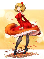 Rule 34 | 1girl, aki shizuha, ass, autumn leaves, black footwear, black pantyhose, blonde hair, blush, breasts, closed mouth, dress, falling leaves, frilled dress, frills, from behind, full body, hair ornament, highres, leaf, leaf hair ornament, leaning forward, legs apart, loafers, long sleeves, looking at viewer, looking back, medium breasts, pantyhose, petticoat, red dress, shoes, short hair, smile, solo, sparkle, standing, tareme, tiptoes, touhou, umigarasu (kitsune1963), yellow background, yellow eyes