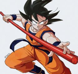 Rule 34 | 1boy, black eyes, black hair, boots, commentary request, dougi, dragon ball, dragonball z, fighting stance, fingernails, grey background, image sample, looking at viewer, male focus, ruyi jingu bang, shaded face, short hair, simple background, smile, son goku, spiked hair, tkgsize, twitter sample, twitter username, wristband