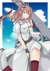 Rule 34 | 1girl, absurdres, black gloves, blue eyes, blue sky, blush, breasts, brown hair, closed mouth, feet out of frame, fingerless gloves, gloves, hair ornament, highres, holding, kantai collection, large breasts, long hair, looking at viewer, red thighhighs, rei (09991), saratoga (kancolle), simple background, single glove, sky, smile, solo, standing, thighhighs, uniform