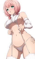 Rule 34 | 1girl, absurdres, aran sweater, areola slip, bang dream!, bare shoulders, blunt bangs, blush, breasts, cable knit, commentary request, cowboy shot, crop top, detached sleeves, from below, garter straps, gluteal fold, green eyes, groin, hands up, highres, long sleeves, looking at viewer, looking down, low twintails, medium breasts, medium hair, meme attire, navel, nose blush, noshimurin, panties, parted lips, pink hair, raised eyebrows, ribbed panties, ribbed sleeves, ribbed thighhighs, short twintails, side-tie panties, sideboob, simple background, sleeveless, sleeveless sweater, sleeveless turtleneck, solo, standing, stomach, string panties, sweater, thighhighs, turtleneck, twintails, uehara himari, underboob, underwear, virgin destroyer sweater, white background, white panties, white sweater, white thighhighs