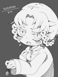Rule 34 | 1girl, blush, braid, braided hair rings, character name, dress, elden ring, fangs, grey background, greyscale, hair rings, holding, holding jewelry, holding necklace, jewelry, long sleeves, looking at viewer, mole, mole under mouth, monochrome, moth (mothko mule), necklace, open mouth, rya (elden ring), short hair, simple background, slit pupils, solo