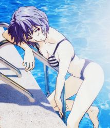 Rule 34 | 1girl, ayanami rei, barefoot, bikini, blue hair, breast press, breasts, cleavage, cropped, highres, hiramatsu tadashi, leaning forward, navel, neon genesis evangelion, official art, pale skin, photo background, pool, pool ladder, poolside, red eyes, shadow, short hair, small breasts, solo, striped bikini, striped clothes, sunlight, swimsuit