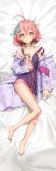 Rule 34 | 1girl, :3, absurdres, armband, barefoot, bed sheet, blush, commentary, dakimakura (medium), dress, english commentary, full body, hair ornament, hairclip, highres, holding, holding stuffed toy, jacket, long hair, looking at viewer, lying, mr1thonk, off shoulder, pink hair, red armband, short hair, sleeveless, sleeveless dress, smile, solo, star ocean, stuffed animal, stuffed rabbit, stuffed toy, thick eyebrows, verda kleiman, very long hair, yellow eyes