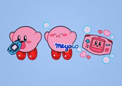 Rule 34 | artist name, bad id, bad twitter id, blue background, blue eyes, blush stickers, closed eyes, copy ability, game boy advance, handheld game console, heart, kirby, kirby (series), meyoco, nintendo, open mouth, simple background, smile