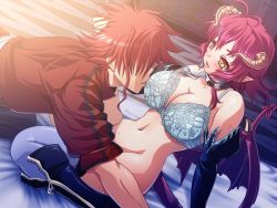 Rule 34 | 10s, 1boy, 1girl, blush, boots, bottomless, bra, breasts, cleavage, demon girl, demon tail, demon wings, game cg, horns, kyonyuu fantasy, large breasts, lingerie, red hair, shamsiel shahar, tail, underwear, wings, yellow eyes