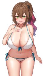 Rule 34 | 1girl, absurdres, bikini, black ribbon, blush, breasts, brown hair, commentary, commission, curvy, front-tie top, green eyes, hair between eyes, hair ribbon, hand on own chest, highres, jewelry, large breasts, looking at viewer, multicolored hair, nail polish, navel, necklace, open mouth, original, pink nails, ribbon, side-tie bikini bottom, side ponytail, simple background, skeb commission, solo, streaked hair, suruga (xsurugax), swimsuit, thighs, white background, white bikini