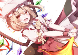 Rule 34 | 1girl, absurdres, alternate costume, ascot, blonde hair, blush, bow, buttons, collar, collared shirt, crystal, dress, eyes visible through hair, fire, flandre scarlet, flying, gem, hair between eyes, hat, hat ribbon, highres, jewelry, looking at viewer, messiah &amp; crea, mob cap, multicolored wings, open mouth, puffy short sleeves, puffy sleeves, red dress, red eyes, red ribbon, ribbon, shirt, short hair, short sleeves, simple background, smile, solo, sword, touhou, weapon, white background, white hat, white shirt, wings, wrist cuffs, yellow ascot, yellow bow