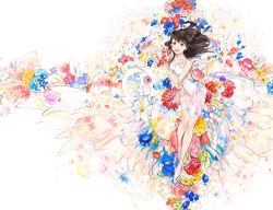 Rule 34 | 1girl, :d, bare arms, bare shoulders, blue flower, breasts, brown eyes, brown hair, dress, floating hair, flower, high heels, looking at viewer, medium breasts, negative space, open mouth, original, red flower, sleeveless, sleeveless dress, smile, solo, umishima senbon, white dress, yellow flower