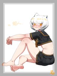 Rule 34 | 1girl, barefoot, black sailor collar, black shirt, black skirt, blush, border, breasts, closed mouth, crop top, cropped shirt, eyes visible through hair, feet, fingernails, from side, full body, grey border, grey hair, highres, invisible chair, knee up, light smile, liren44, looking at viewer, medium breasts, miniskirt, nail polish, orange eyes, orange nails, original, outstretched arms, pleated skirt, sailor collar, shirt, short hair, short sleeves, signature, sitting, skirt, soles, solo, toenails, turning head, wavy mouth, white background