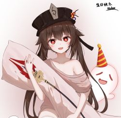 Rule 34 | 1girl, absurdres, alternate costume, artist name, black hat, blush, brown hair, collarbone, commentary request, dakimakura (object), flower, genshin impact, ghost, gradient background, hair between eyes, hat, highres, hu tao (genshin impact), hugging object, long hair, looking at viewer, nokoo, off-shoulder shirt, off shoulder, open mouth, pillow, pillow hug, red eyes, shirt, sitting, smile, solo, staff of homa (genshin impact), symbol-shaped pupils, thighhighs, translation request, twintails, very long hair, wariza, white thighhighs