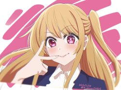 Rule 34 | 1girl, blonde hair, blue jacket, blush, chromatic aberration, closed mouth, collared shirt, commentary request, dated, highres, hoshino ruby, jacket, kadainist, long hair, mismatched pupils, one side up, oshi no ko, partial commentary, pink eyes, school uniform, shirt, sidelocks, solo, star-shaped pupils, star (symbol), symbol-shaped pupils, twitter username, v, v over eye, white shirt, youtou high school uniform