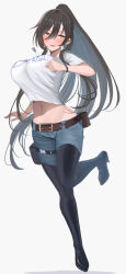 Rule 34 | 1girl, :d, belt, belt pouch, black footwear, black hair, blush, boots, bracelet, breasts, brown belt, clothes writing, commentary request, denim, denim shorts, dog tags, ear piercing, full body, hair between eyes, high heel boots, high heels, high ponytail, highres, idolmaster, idolmaster shiny colors, jewelry, large breasts, long hair, looking at viewer, midriff, navel, open mouth, piercing, ponytail, pouch, shirase sakuya, shirt, short sleeves, shorts, shougun (chuckni1), sidelocks, simple background, smile, solo, standing, standing on one leg, t-shirt, thigh boots, white background, white shirt, yellow eyes