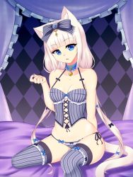 Rule 34 | 10s, 1girl, animal ears, argyle, bare shoulders, bell, blue eyes, blue nails, blunt bangs, bow, bow panties, bra, breasts, bustier, cat ears, cat tail, choker, corset, curtains, eyebrows, fuyucchi, hair bow, head tilt, jingle bell, lingerie, long hair, looking at viewer, low twintails, nail polish, neck bell, nekopara, panties, parted lips, purple panties, side-tie panties, signature, sitting, solo, striped clothes, striped thighhighs, tail, thighhighs, twintails, underwear, vanilla (nekopara), vertical-striped clothes, vertical-striped thighhighs, very long hair, white hair