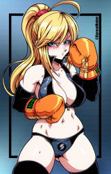 Rule 34 | 1girl, angry, blonde hair, blue eyes, blush, boxing gloves, breasts, cleavage, crossover, fighting stance, highres, karosu maker, large breasts, long hair, looking at viewer, metroid, metroid: zero mission, navel, nintendo, ponytail, punch-out!!, samus aran, solo, super smash bros., thigh gap, thighhighs, thighs