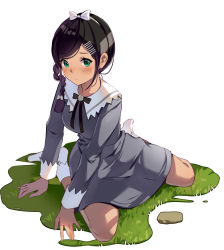 Rule 34 | 1girl, absurdres, aonuma neiru, arm support, black hair, blush, bow, braid, collared dress, dark-skinned female, dark skin, dress, flower, flower ornament, frown, grass, green eyes, hair bow, hair ornament, hair over shoulder, hairband, hairclip, highres, looking to the side, maorzshu, neck ribbon, no shoes, on grass, on ground, parted bangs, ribbon, rock, rose, sitting, socks, solo, wonder egg priority