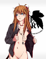 Rule 34 | 1girl, blue eyes, blush, bottomless, breasts, brown hair, coat, cross, female focus, highres, illusionk, jacket, jewelry, long hair, naked coat, navel, necklace, neon genesis evangelion, nerv, nipples, open clothes, open jacket, open shirt, orange hair, pussy, shirt, small breasts, solo, souryuu asuka langley, standing, uncensored