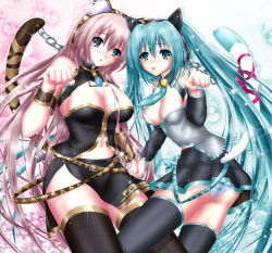 Rule 34 | 2girls, :p, animal ear headphones, animal ears, aqua eyes, aqua hair, blue eyes, blush, breasts, cat ear headphones, cat ears, cat tail, chain, cleavage, fake animal ears, hatsune miku, headphones, highres, holding hands, large breasts, long hair, medium breasts, megurine luka, multiple girls, nail polish, navel, nohoho (kakikonchi), panties, paw pose, pink hair, striped clothes, striped panties, tail, thighhighs, tongue, tongue out, twintails, underwear, very long hair, vocaloid