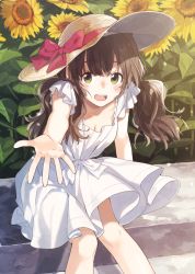 Rule 34 | 1girl, blush, booota, breasts, brown hair, cleavage, downblouse, dress, field, flower, flower field, green eyes, hat, long hair, looking at viewer, medium breasts, open mouth, original, outstretched hand, short sleeves, sitting, smile, solo, stairs, sun hat, sundress, sunflower, sunflower field, teeth, twintails, wavy hair, white dress