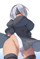 Rule 34 | 1girl, arms behind back, bad id, bad pixiv id, black thighhighs, blindfold, breasts, brown thighhighs, cameltoe, from below, hairband, large breasts, legs, leotard, nier (series), nier:automata, pod (nier:automata), short hair, side slit, thighhighs, thighs, white hair, white leotard, 2b (nier:automata), yostxxx