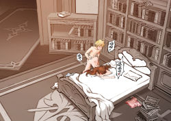 Rule 34 | 1boy, 1girl, aether (genshin impact), all fours, amber (genshin impact), bed, bed sheet, bedroom, bent over, blonde hair, book, book stack, bookshelf, brown hair, completely nude, doggystyle, genshin impact, happy sex, hetero, highres, indoors, nude, pillow, royboy, sex, sex from behind, standing, standing sex, stool, top-down bottom-up, vaginal