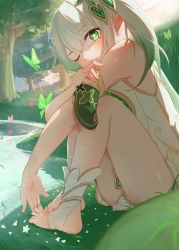 Rule 34 | 1girl, absurdres, bare arms, bare legs, bare shoulders, barefoot, blush, bug, butterfly, closed mouth, cross-shaped pupils, day, dj-sistercon, dress, feet, genshin impact, gradient hair, grass, green eyes, highres, insect, long hair, looking at viewer, multicolored hair, nahida (genshin impact), one eye closed, outdoors, pointy ears, ponytail, sidelocks, sitting, sleeveless, sleeveless dress, smile, socks, solo, stirrup legwear, symbol-shaped pupils, thighs, toeless legwear, toes, touching toes, tree, water, wet, white hair, white socks