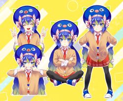 Rule 34 | 1girl, :3, ^ ^, ahoge, animal hat, black socks, blue footwear, blue hair, blush, bow, braid, brown cardigan, buttons, cardigan, child, clenched teeth, closed eyes, closed mouth, collared shirt, crossed arms, double v, eel hat, fang, finger in own mouth, fingernails, full body, gen (gen m gen), gradient hair, green hair, hands on own hips, hat, highres, indian style, kneehighs, knees apart feet together, large buttons, large hat, leaning forward, long hair, long sleeves, looking at viewer, looking to the side, low-braided long hair, low-tied long hair, low twin braids, low twintails, multicolored buttons, multicolored hair, multiple views, necktie, open mouth, orange bow, otomachi una, otomachi una (spicy), outline, red necktie, red skirt, shirt, sitting, skirt, socks, streaked hair, striped bow, teeth, twin braids, twintails, two-tone bow, two-tone footwear, upper body, upper teeth only, v, v-shaped eyebrows, very long hair, vocaloid, white bow, white footwear, white outline, white shirt, yellow background