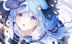 Rule 34 | 1girl, absurdres, arm up, blue dress, blue gloves, blue hair, blush, bow, bowtie, commentary, dress, english commentary, from above, gloves, hair ornament, highres, long hair, looking at viewer, noyu (noyu23386566), open mouth, original, purple eyes, sidelocks, solo