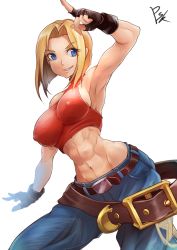 Rule 34 | 1girl, abs, absurdres, armpits, baggy pants, bare shoulders, blonde hair, blue mary, breasts, crop top, fatal fury, female focus, fingerless gloves, gloves, hair intakes, halterneck, highres, impossible clothes, impossible shirt, large breasts, midriff, pants, shirt, short hair, solo, sowel (sk3), the king of fighters