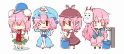 Rule 34 | 4girls, aqua kimono, blouse, blue bow, blue shirt, bow, bowtie, brown hat, brown skirt, bubble skirt, bucket, carrying, chibi, closed mouth, commentary request, double bun, eyes visible through hair, faucet, full body, green skirt, hair bun, hat, hata no kokoro, ibaraki kasen, japanese clothes, juliet sleeves, kapuchii, kimono, long hair, long sleeves, mask, mask on head, mob cap, multiple girls, mystia lorelei, object on head, pink bow, pink hair, pink skirt, plaid, plaid shirt, puffy short sleeves, puffy sleeves, saigyouji yuyuko, shaded face, shirt, short hair, short sleeves, skirt, skirt set, standing, sweatdrop, tabard, tongue, tongue out, touhou, triangle mouth, triangular headpiece, v-shaped eyebrows, water, wet, white background, white shirt, wide sleeves, winged hat, | |, || ||