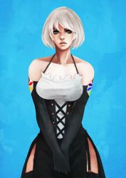 Rule 34 | black thighhighs, blue background, colored skin, corset, garter straps, green eyes, maid, monori rogue, solo, tagme, thighhighs, white hair, white skin