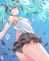 Rule 34 | 1girl, air bubble, amane hasuhito, aqua eyes, aqua hair, ass, bubble, camisole, fish, hatsune miku, huge ass, long hair, looking at viewer, skirt, solo, submerged, thick thighs, thighs, twintails, underwater, vocaloid, wide hips