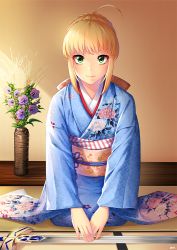 Rule 34 | 1girl, ahoge, alternate costume, artoria pendragon (all), artoria pendragon (fate), blonde hair, blue kimono, braid, excalibur (fate/stay night), excalibur (mythology), facing viewer, fate/grand order, fate (series), floral print, flower, french braid, full body, green eyes, indoors, japanese clothes, kashi kosugi, kimono, light smile, looking at viewer, obi, on floor, own hands together, saber (fate), sash, seiza, sidelocks, sitting, smile, solo, sword, tatami, weapon, wide sleeves