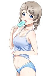 Rule 34 | 10s, 1girl, alternate hairstyle, blue eyes, blue panties, blush, breasts, camisole, cleavage, clothes lift, collarbone, covered erect nipples, cowboy shot, fingernails, food, from side, highres, light brown hair, looking at viewer, love live!, love live! sunshine!!, low twintails, medium breasts, navel, open mouth, pale skin, panties, polka dot, polka dot panties, popsicle, sankuro (agoitei), shirt lift, short hair, short twintails, simple background, solo, sweat, twintails, underwear, underwear only, watanabe you, white background