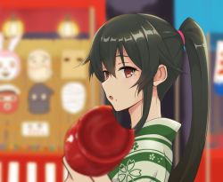 Rule 34 | 1girl, alternate costume, black hair, blurry, candy apple, depth of field, festival, food, food on face, japanese clothes, kantai collection, kimono, kodama (user rnfr3534), long hair, looking at viewer, mask, ponytail, red eyes, sidelocks, solo, summer festival, yahagi (kancolle), yukata
