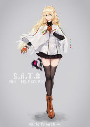 Rule 34 | 1girl, absurdres, ahoge, aiguillette, black skirt, black sweater, black thighhighs, blonde hair, blush, boots, breasts, brown footwear, brown gloves, character name, cloak, closed mouth, crossed legs, dinergate (girls&#039; frontline), epaulettes, fang, fang out, girls&#039; frontline, gloves, green eyes, grey background, hair between eyes, head tilt, highres, insignia, italian flag, jacket, large breasts, long hair, long sleeves, looking at viewer, messy hair, miniskirt, pleated skirt, s.a.t.8 (girls&#039; frontline), sidelocks, simple background, skirt, smile, solo, standing, sweater, thighhighs, thighs, turtleneck, turtleneck sweater, umi okami kun, uniform, very long hair, watson cross, white cloak, white jacket