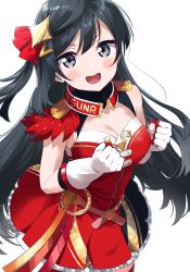 Rule 34 | 1girl, absurdres, belt buckle, black hair, breasts, buckle, cleavage, commentary request, dress, epaulettes, grey eyes, highres, long hair, love live!, love live! nijigasaki high school idol club, medium breasts, one side up, open mouth, pleated dress, red dress, simple background, solo, totoki86, white background, yuki setsuna (love live!)