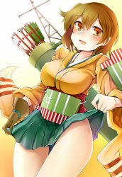 Rule 34 | 10s, 1girl, arrow (projectile), blush, bow (weapon), breasts, brown eyes, brown hair, gloves, hiryuu (kancolle), japanese clothes, kantai collection, large breasts, looking at viewer, open mouth, partially fingerless gloves, partly fingerless gloves, personification, quill, rui shi (rayze ray), short hair, smile, solo, weapon, yugake