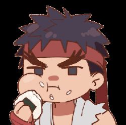 Rule 34 | ..., 1boy, animated, animated gif, bite mark, black hair, cheek bulge, chibi, eating, food, food on face, forked eyebrows, holding, holding food, lowres, male focus, onigiri, ryu (street fighter), short hair, solo, street fighter, thick eyebrows, upper body, yuiofire