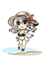 Rule 34 | 1girl, :d, absurdres, bikini, black bikini, bow, breasts, brown footwear, brown hat, character request, check character, chibi, cleavage, full body, goma (gomasamune), grey hair, groin, hair between eyes, hat, hat bow, highres, hood, hood down, hooded jacket, jacket, kantai collection, kashima (kancolle), medium breasts, navel, open clothes, open jacket, open mouth, sandals, simple background, smile, solo, standing, standing on one leg, sun hat, swimsuit, twitter username, water, white background, white jacket