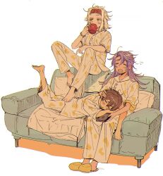 Rule 34 | 3boys, adventurer (ff14), aged down, alternate costume, arm rest, barefoot, blonde hair, brown hair, closed eyes, commentary request, controller, couch, cup, cushion, drinking, drooling, emet-selch, final fantasy, final fantasy xiv, full body, hairband, ham ff 14, hand on another&#039;s head, highres, holding, holding cup, holding remote control, hythlodaeus, korean commentary, lap pillow, long hair, lying, male focus, messy hair, mug, multiple boys, on couch, on stomach, open mouth, pajamas, purple hair, red hairband, remote control, short hair, simple background, sitting, slippers, squeans, warrior of light (ff14), white background, yawning, yellow eyes, yellow footwear, yellow pajamas