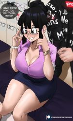 Rule 34 | 1boy, 1girl, absurdres, alternate costume, bead bracelet, beads, bespectacled, black-framed eyewear, black hair, black jacket, black pants, black shirt, bracelet, breasts, chi-chi (dragon ball), cleavage, collarbone, dragon ball, dragonball z, drip (meme), echo saber, english text, feet out of frame, glasses, grin, head out of frame, heart, highres, jacket, jewelry, large breasts, long sleeves, meme, nail polish, own hands together, pants, pink shirt, purple skirt, semi-rimless eyewear, shirt, short hair, short sleeves, sitting, skirt, sleeves rolled up, smile, solo focus, son goku, speech bubble, supreme (brand), teeth, watermark, web address