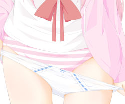 Rule 34 | 1girl, bow, bow panties, drawstring, highres, jacket, lower body, no pants, open clothes, open jacket, original, panties, panty pull, pink jacket, ri-net, shirt, simple background, solo, standing, striped clothes, striped panties, underwear, white background, white panties, white shirt