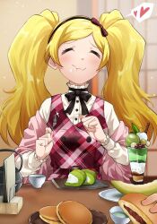 Rule 34 | 1girl, 1maizu3, ^ ^, black bow, black bowtie, blonde hair, blush, bow, bowtie, chocolate, closed eyes, cream, dorayaki, eating, emily stewart, food, food on face, fork, frilled shirt, frills, fruit, hairband, happy, heart, highres, holding, holding fork, ice cream, idolmaster, idolmaster million live!, idolmaster million live! theater days, indoors, jacket, long hair, long sleeves, matcha (food), melon, menu, off shoulder, parfait, pink jacket, plaid, plaid skirt, plate, red skirt, shirt, shouji, skirt, sliding doors, smile, solo, speech bubble, suspender skirt, suspenders, table, teapot, twintails, wagashi, white shirt