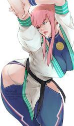 Rule 34 | blue eyes, breasts, highres, hip vent, isometric, large breasts, lips, long hair, manon legrand, nishinb, pants, pink hair, short sleeves, street fighter, street fighter 6, stretching