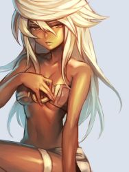 Rule 34 | 1girl, arc system works, bare shoulders, belt bra, breasts, collarbone, dark-skinned female, dark skin, expressionless, guilty gear, guilty gear xrd, hair between eyes, hand on own chest, hungry clicker, long hair, looking at viewer, medium breasts, midriff, navel, orange eyes, parted lips, platinum blonde hair, ramlethal valentine, shorts, simple background, solo, thigh strap, underboob, white hair